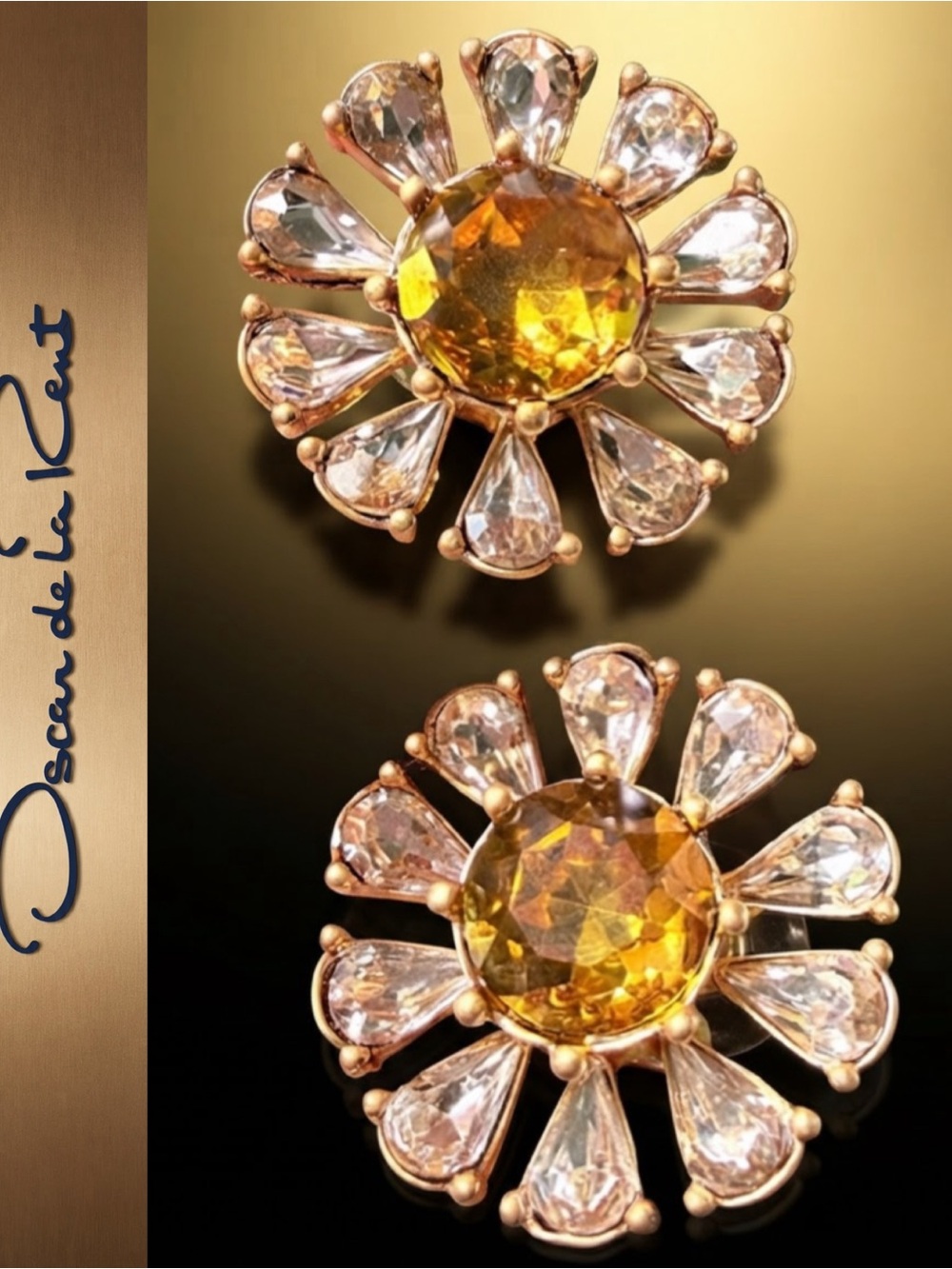 OSCAR DE LA RENTA FLOWER EARRINGS Gold/Citrine Crystal Daisy Stud Post